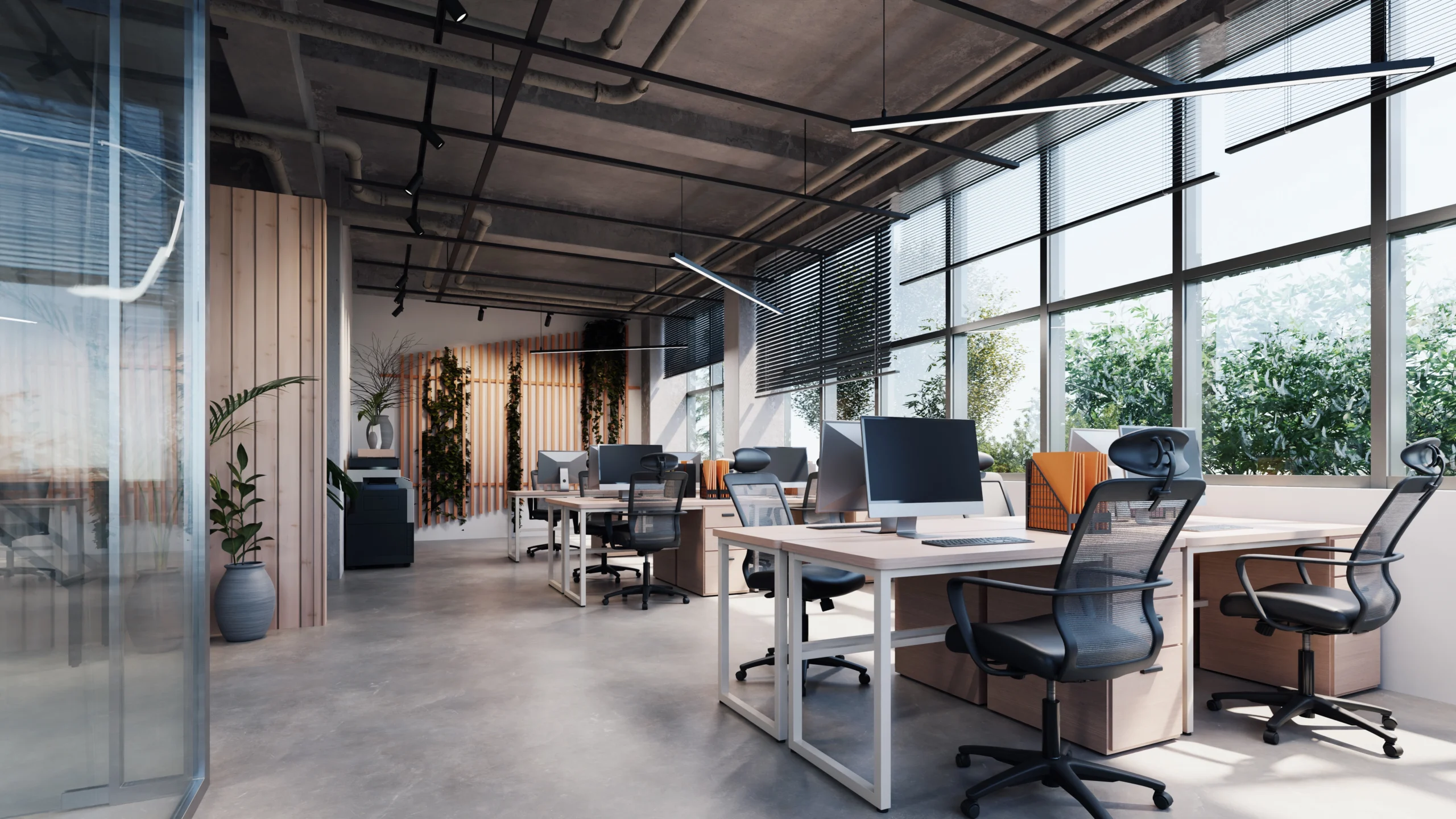modern style office with exposed concrete floor lot plants 3d rendering 1 scaled