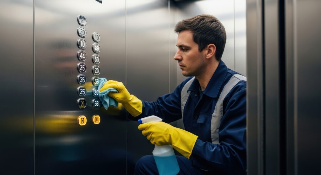 lift schoonmaken metr desinfecteer middel en een doekje