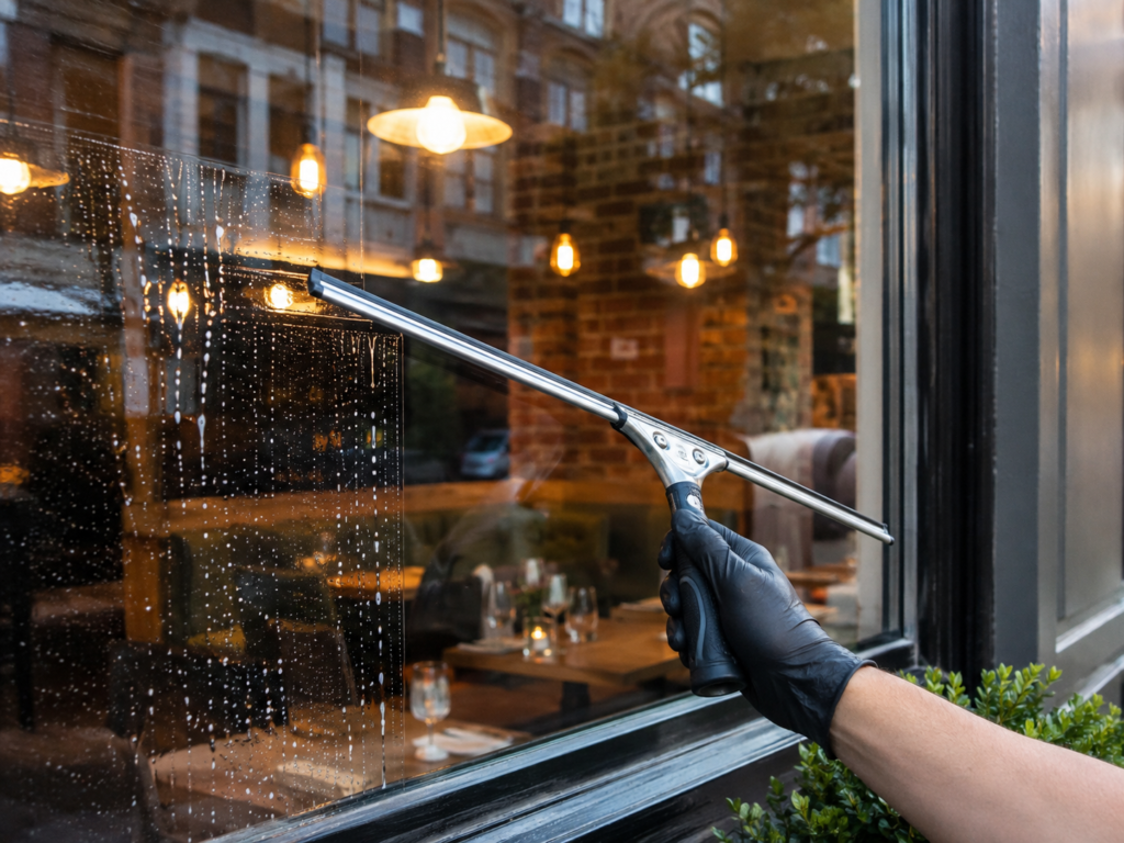 Streeploos gewassen etalageruit van een horecazaak