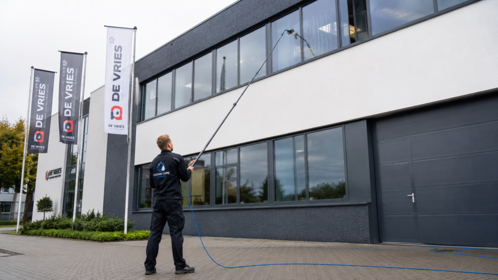 Glazenwasser wast ramen op hoogte met osmose en een telescoopsteel